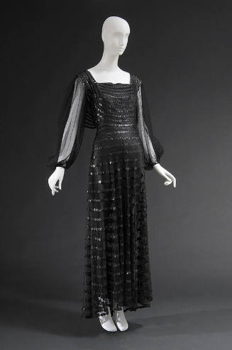 Black tulle floor length dress with horizontal rows of black sequin stripes, square neckline, l…
