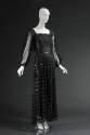 Alternate view of black tulle floor length dress with horizontal rows of black sequin stripes, …