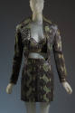 Green snakeskin ensemble of cropped jacket with wide notched lapels, matching bra and miniskirt