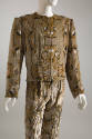 Man’s beige velvet suit stenciled with gold, silver and blue art deco pattern of fitted collarl…
