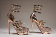 Pair of metallic pink platform high heel pumps with four ankle straps, three instep straps and …