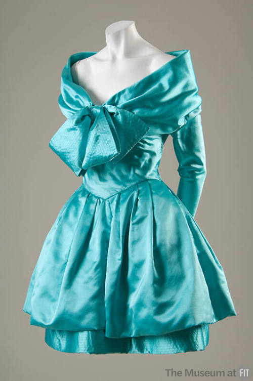 Turquoise blue satin evening mini dress with off the shoulder, fold over neckline and oversize …