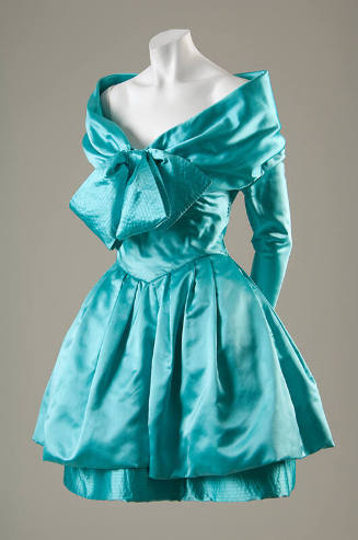 Turquoise blue satin evening mini dress with off the shoulder, fold over neckline and oversize …