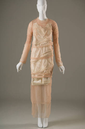Beige sheer long sleeve floor length dress and ivory sleeveless knee length dress with allover …
