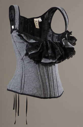 Grey wool corset with shouder straps and black lace trim 