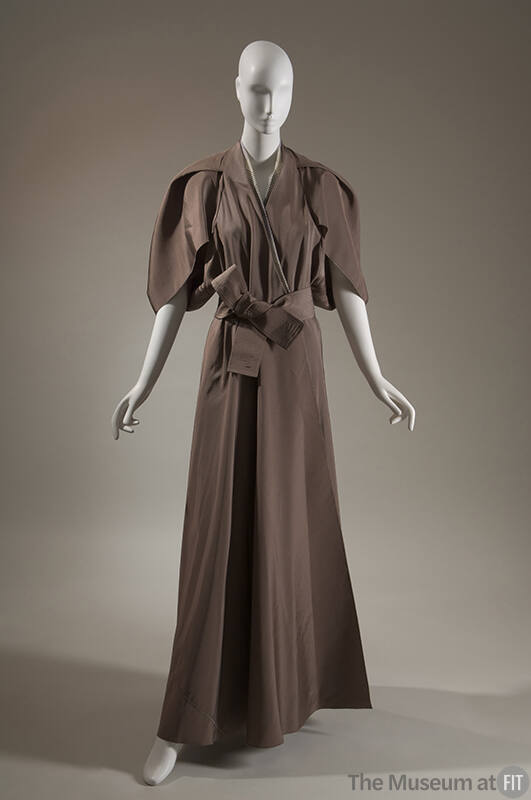 Taupe silk  floor length evening wrap dress with short  sleeves and wide belt
