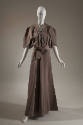 Taupe silk  floor length evening wrap dress with short  sleeves and wide belt