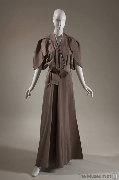 Taupe silk  floor length evening wrap dress with short  sleeves and wide belt
