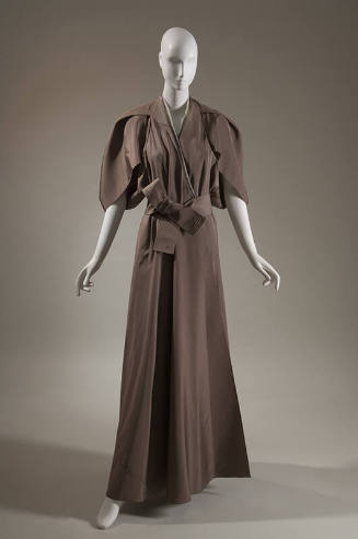 Taupe silk  floor length evening wrap dress with short  sleeves and wide belt