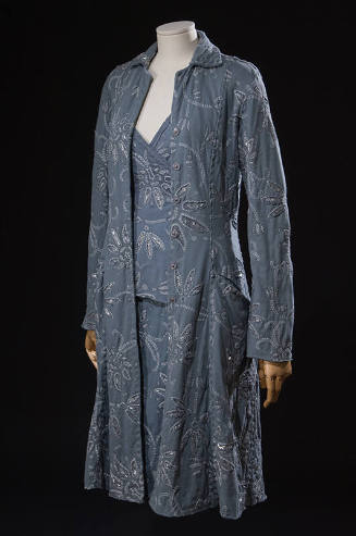 Matching blue wrap top, skirt and knee length coat with allover floral beaded embroidery