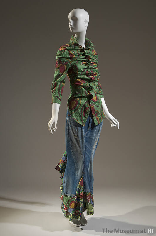 Green African apple print long sleeve button down shirt, coordinating blue denim floor length s…