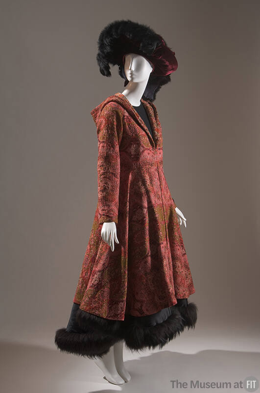 Alternate view of red hooded jacquard paisley print coat, long sleeves over to-the-ankle skirt …