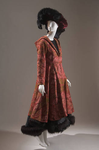 Alternate view of red hooded jacquard paisley print coat, long sleeves over to-the-ankle skirt …