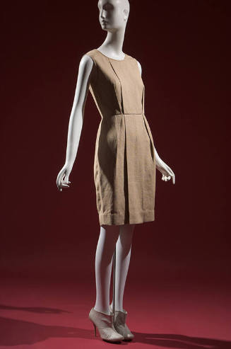 Beige burlap sleeveless knee-length dress with topstitiching and pleat details 