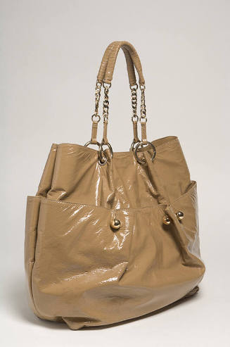 Large tan faux shiny leather tote bag with side pockets and chain and braided handles