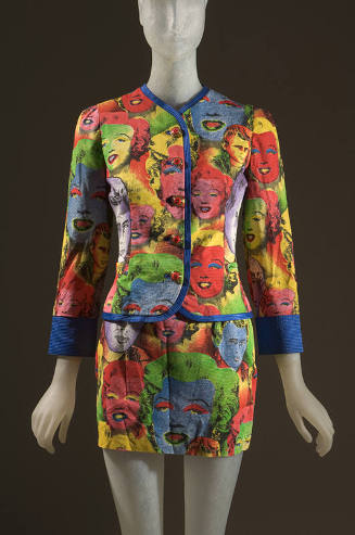 Jacket and matching mini skirt with multicolor print of Marylin Monroe and James Dean, blue tri…
