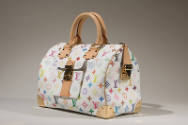White multicolor LV monogram satchel handbag with tan leather handles and gold locks