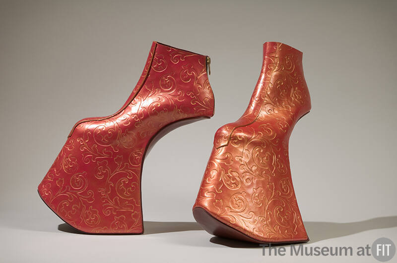 Red and gold floral design leather scooped heel platform ankle boots 