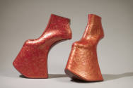 Red and gold floral design leather scooped heel platform ankle boots 