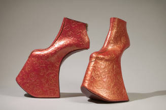 Red and gold floral design leather scooped heel platform ankle boots 
