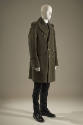 Green long sleeve military style wool trench coat, double-breasted, brass buttons 