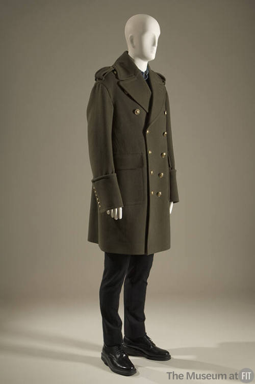 Green long sleeve military style wool trench coat, double-breasted, brass buttons 