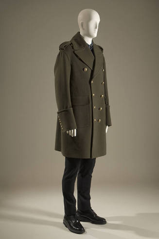 Green long sleeve military style wool trench coat, double-breasted, brass buttons 
