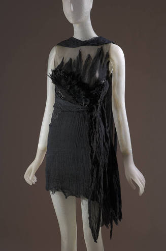 Black sleeveless mini dress with sheer bodice with feathers, crinckled skirt with long side pan…