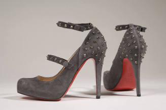 Grey suede high heel ankle strap shoes with silver metal spike at heel and straps 