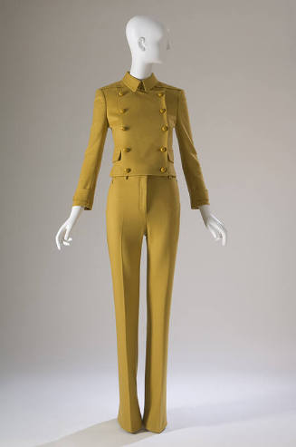 Yellow suit with cropped double-breasted long sleeve jacket with gold buttons and matching pant…