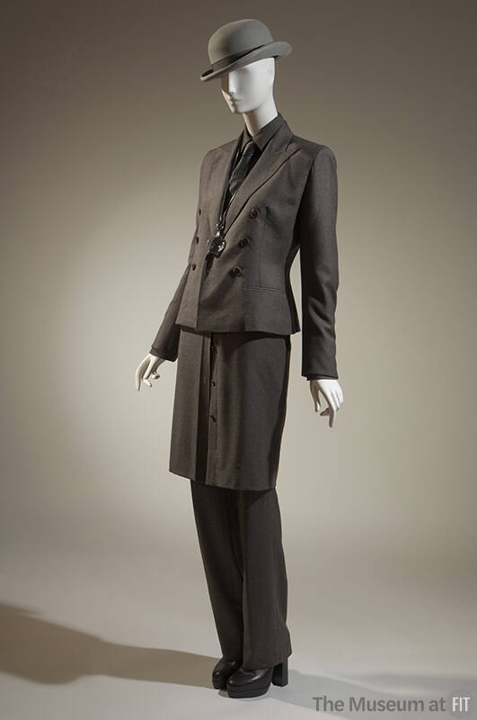 Grey wool suit with matching double-breasted jacket, shirt and tie, to-the-knee shirt, pants an…