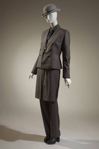 Grey wool suit with matching double-breasted jacket, shirt and tie, to-the-knee shirt, pants an…