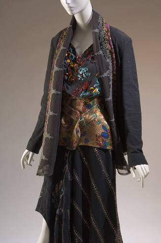 Grey long sleeve jacket with sheer embroidered collar, sheer top with multicolor jet beading an…