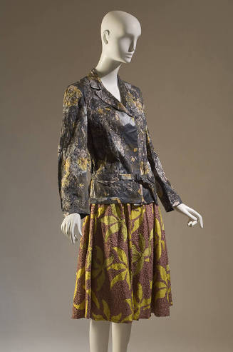 Grey and yellow floral print cotton jacket with notched lapels and pinl gathered skirt with yel…