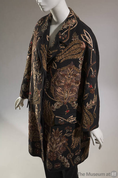 Black long sleeve coat with allover metallic gold and red thread embroidery 
