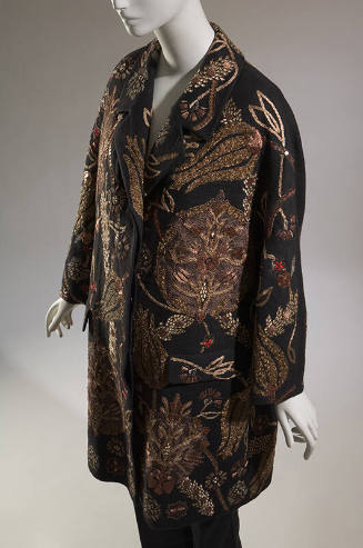 Black long sleeve coat with allover metallic gold and red thread embroidery 