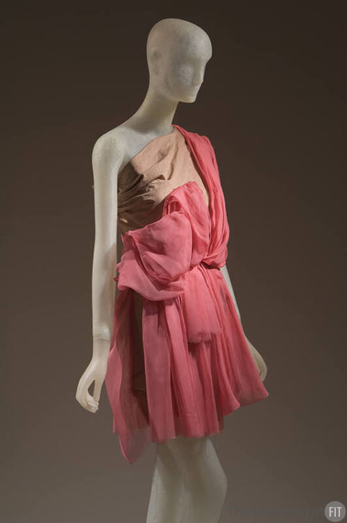 Short pink silk draped one-sholder dress with half beige draped bodice 