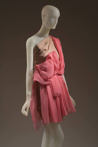 Short pink silk draped one-sholder dress with half beige draped bodice 