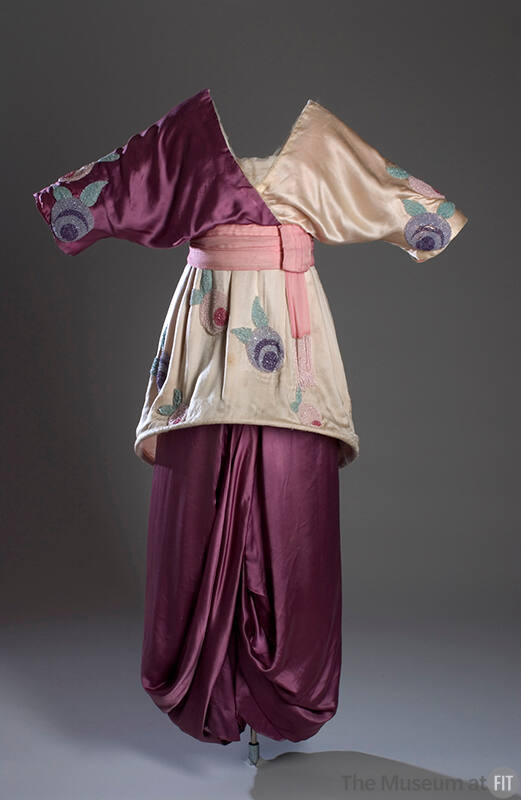 Silk satin evening gown with ivory right sleeve and bodice and mauve left sleeve and tulip hem …