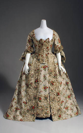 Ivory striped court dress in multicolor floral brocade with lace trim, sleeve flounces, and flo…
