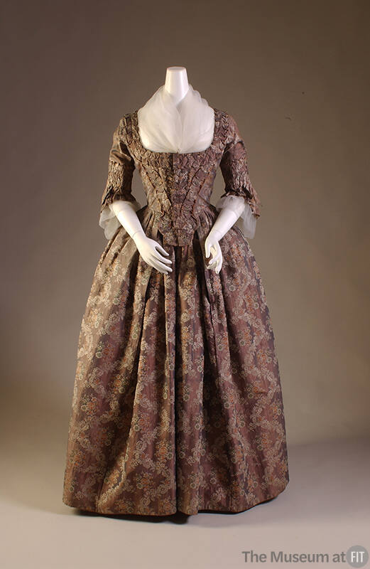 Violet and pink silk floral brocade robe à la française dress with stomacher, ruffled elbow len…