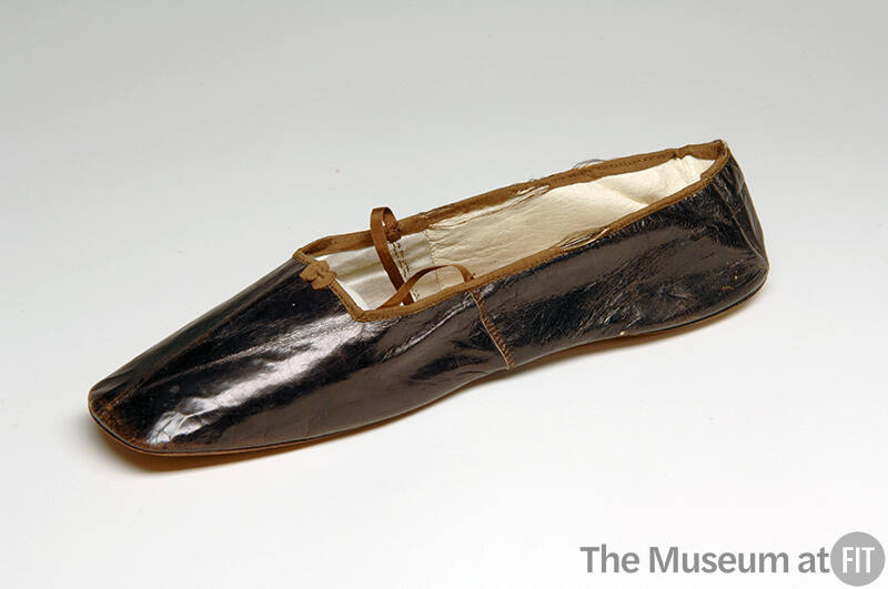 Bronze leather slipper with square toe and brown ribbon ankle tie and trim around top line 
