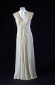 White silk pleated floor length dress, sleeveless, v-neck