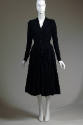 Black long sleeve allover gathered below-the-knee dress with v-neck 