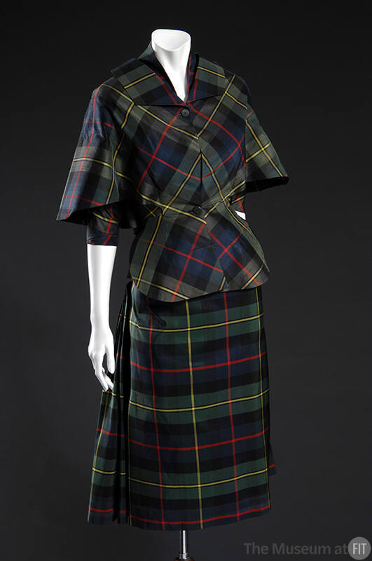 Green, blue, red and yellow tartan plaid silk 3/4 dress and two-button jacket with capelet slee…