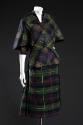 Green, blue, red and yellow tartan plaid silk 3/4 dress and two-button jacket with capelet slee…