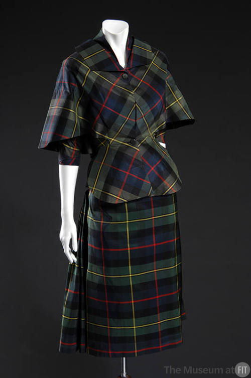 Green, blue, red and yellow tartan plaid silk 3/4 dress and two-button jacket with capelet slee…