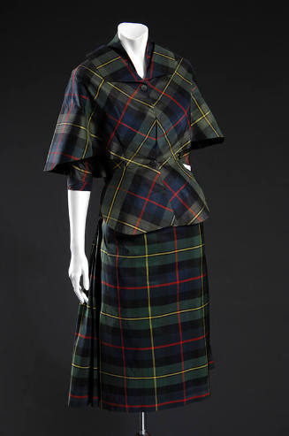 Green, blue, red and yellow tartan plaid silk 3/4 dress and two-button jacket with capelet slee…