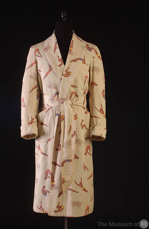 Off-white long sleeve robe with print of divers in blue, yellow, orange swimtrunks, shawl colla…