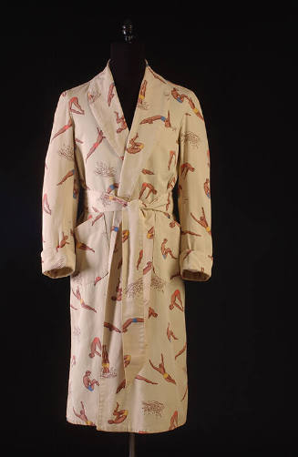 Off-white long sleeve robe with print of divers in blue, yellow, orange swimtrunks, shawl colla…